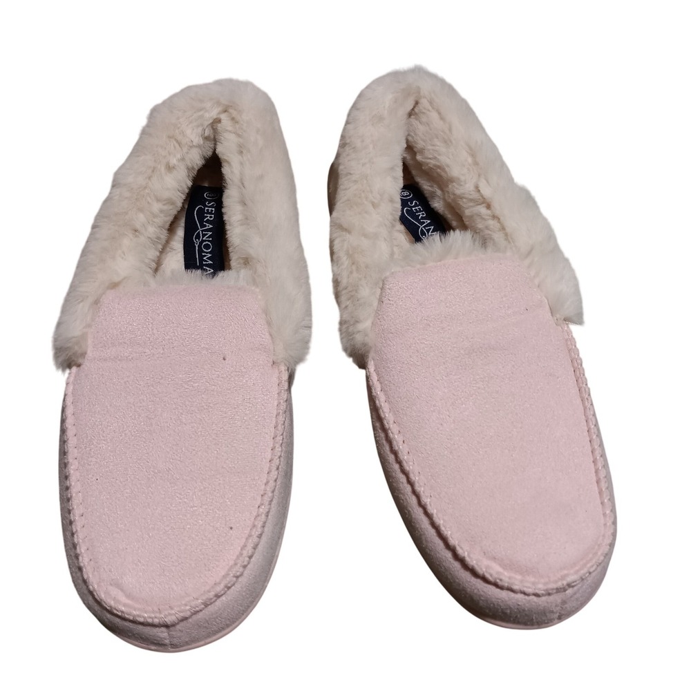 Seranoma Womens Pink Faux Suede Moccasin Slippers Faux Fur‎ Lined Size 8